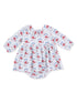Floral baby dress with long sleeves, a collar, and a gathered skirt in blue and red colors.