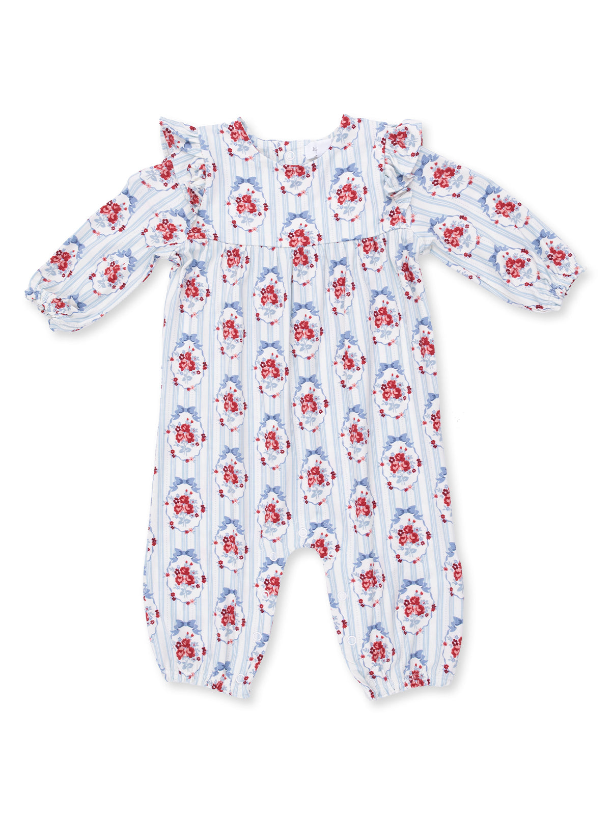 Floral-patterned baby romper with ruffled sleeves and elastic cuffs, set against a striped background.