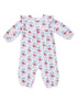 Floral-patterned baby romper with ruffled sleeves and elastic cuffs, set against a striped background.