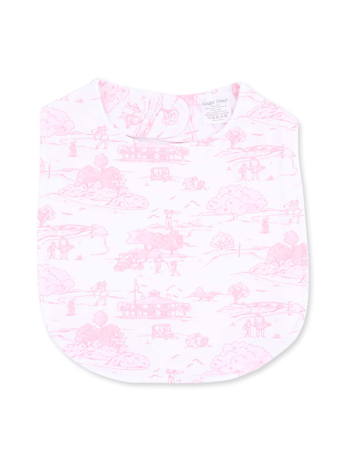 Pink baby bib with a whimsical outdoor scene printed in light pink. Soft fabric, ideal for mealtime.