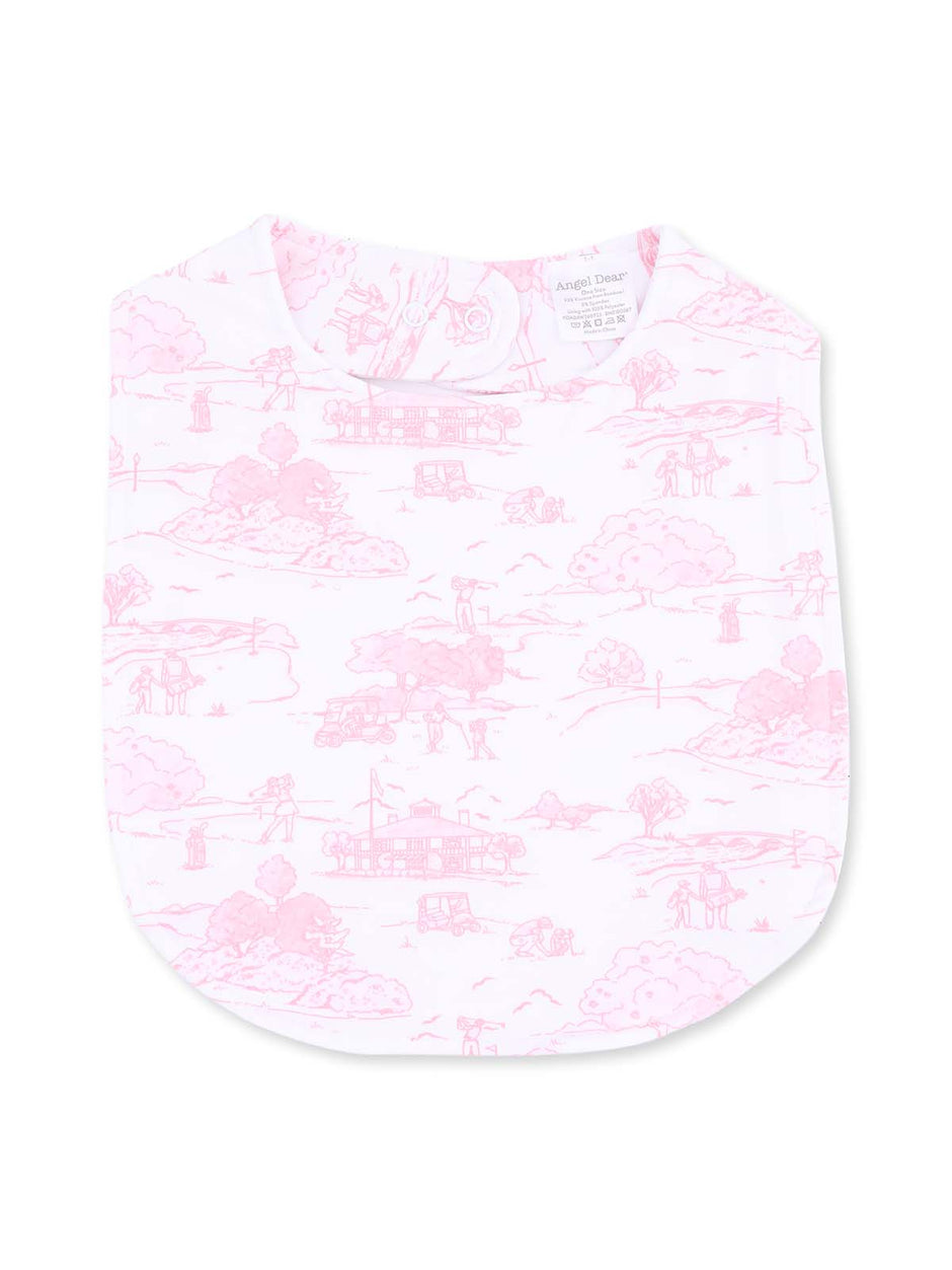 Pink baby bib with a whimsical outdoor scene printed in light pink. Soft fabric, ideal for mealtime.