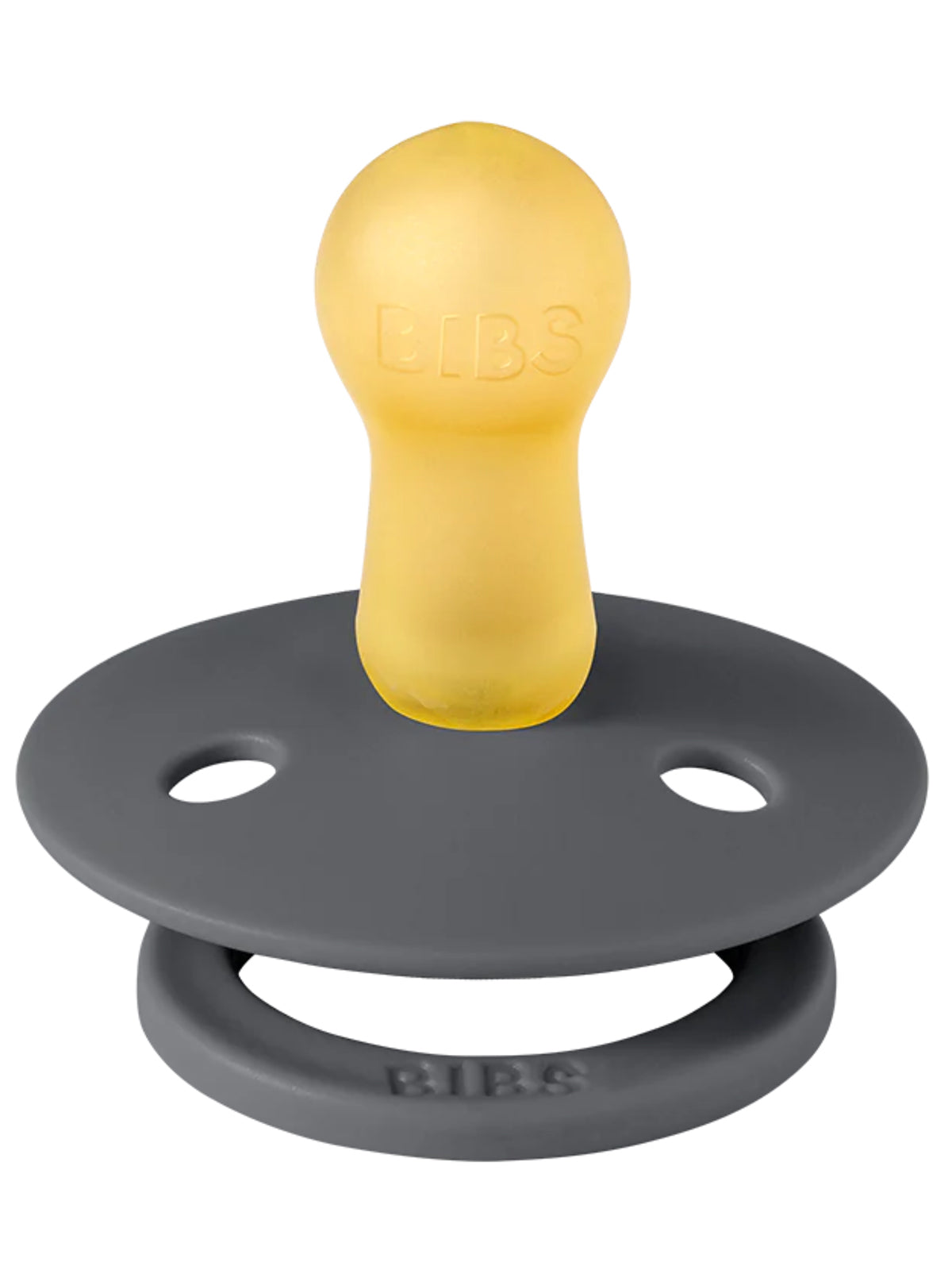 BIBS pacifier with a yellow silicone nipple and a gray round base, designed for infants.