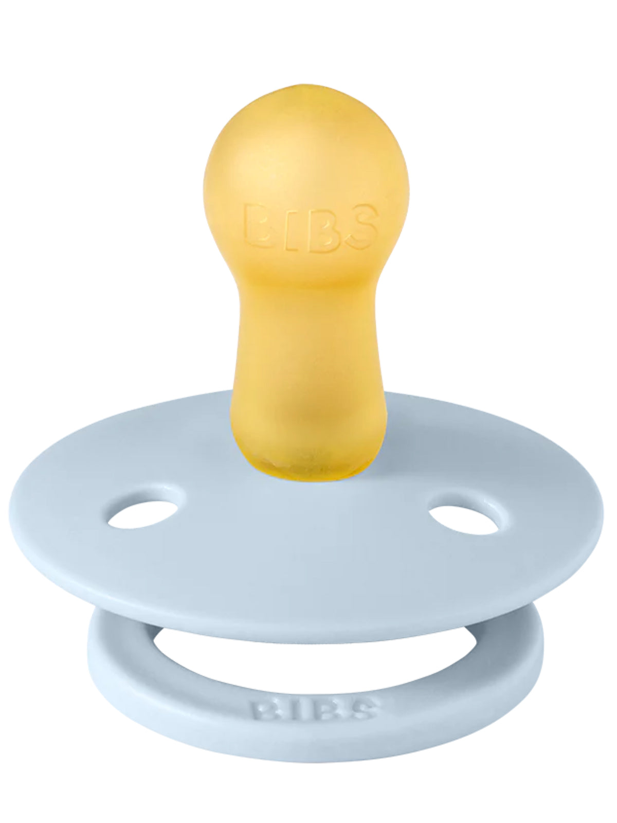 Yellow rubber baby pacifier with a blue silicone shield, branded "BIBS."