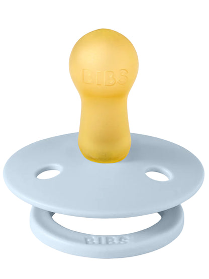 Yellow rubber baby pacifier with a blue silicone shield, branded "BIBS."