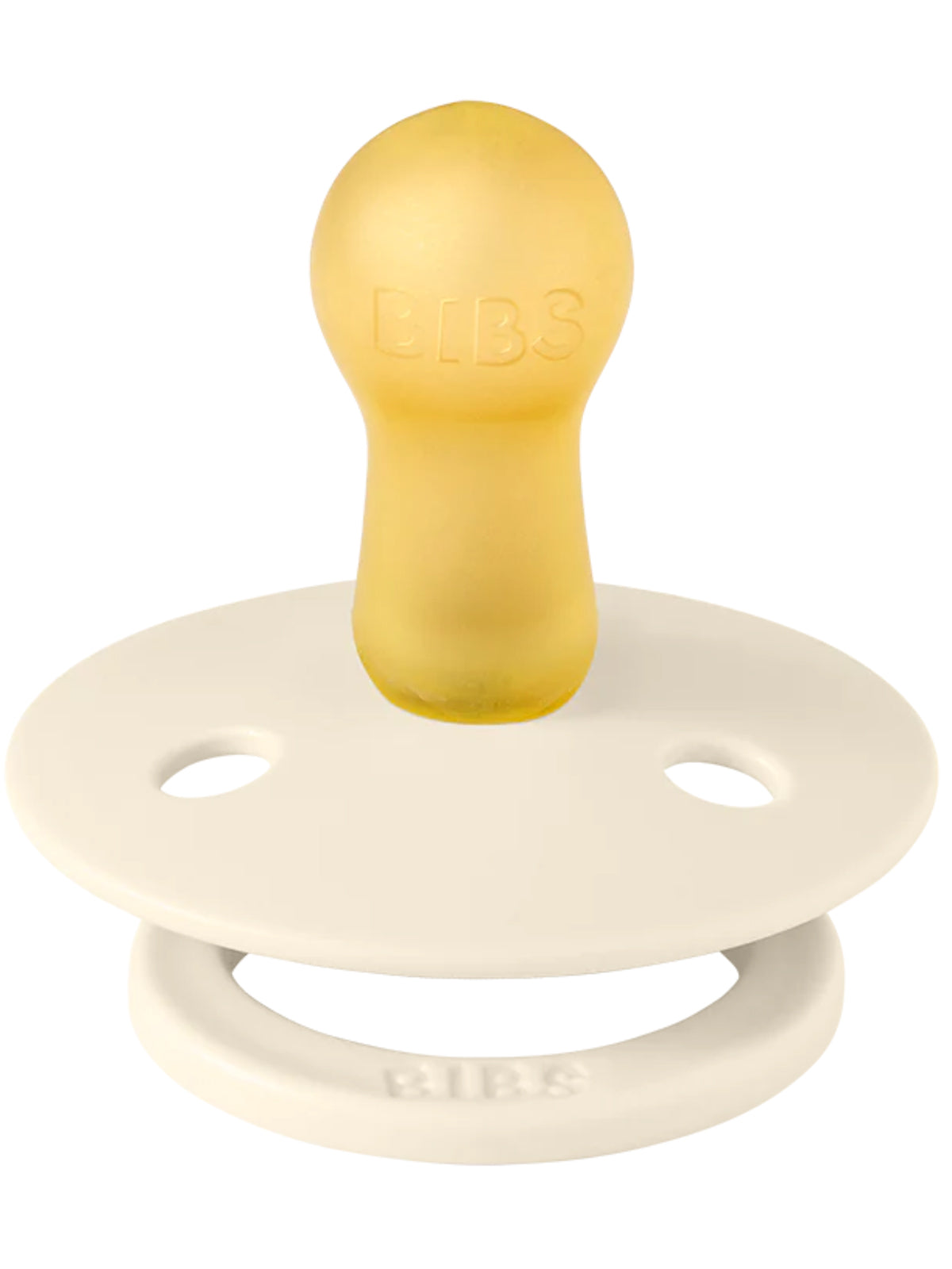 BIBS pacifier with a yellow latex nipple and a white silicone shield, designed for infants and toddlers.