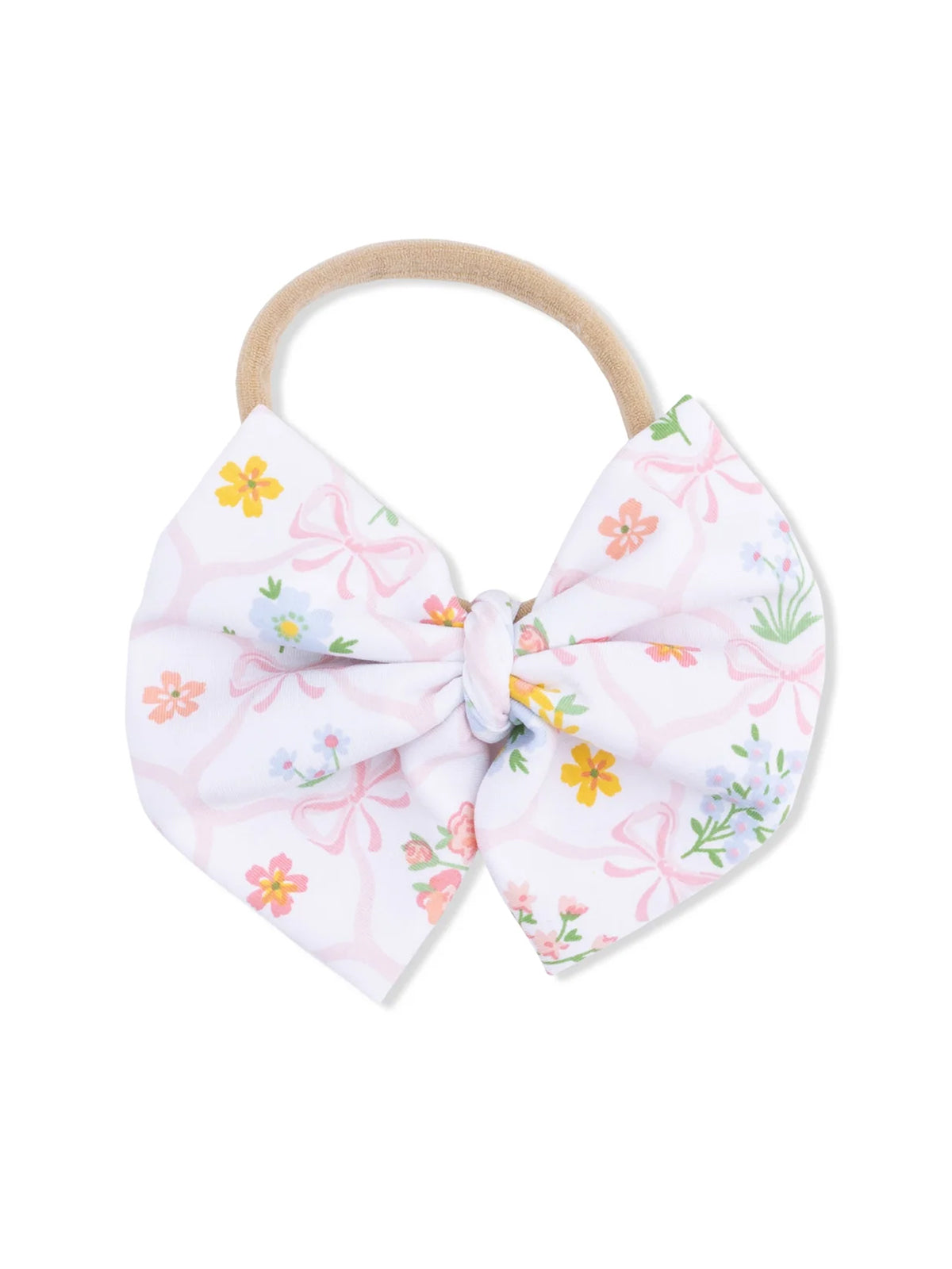 Floral patterned hair bow with a beige elastic band for hair accessories.