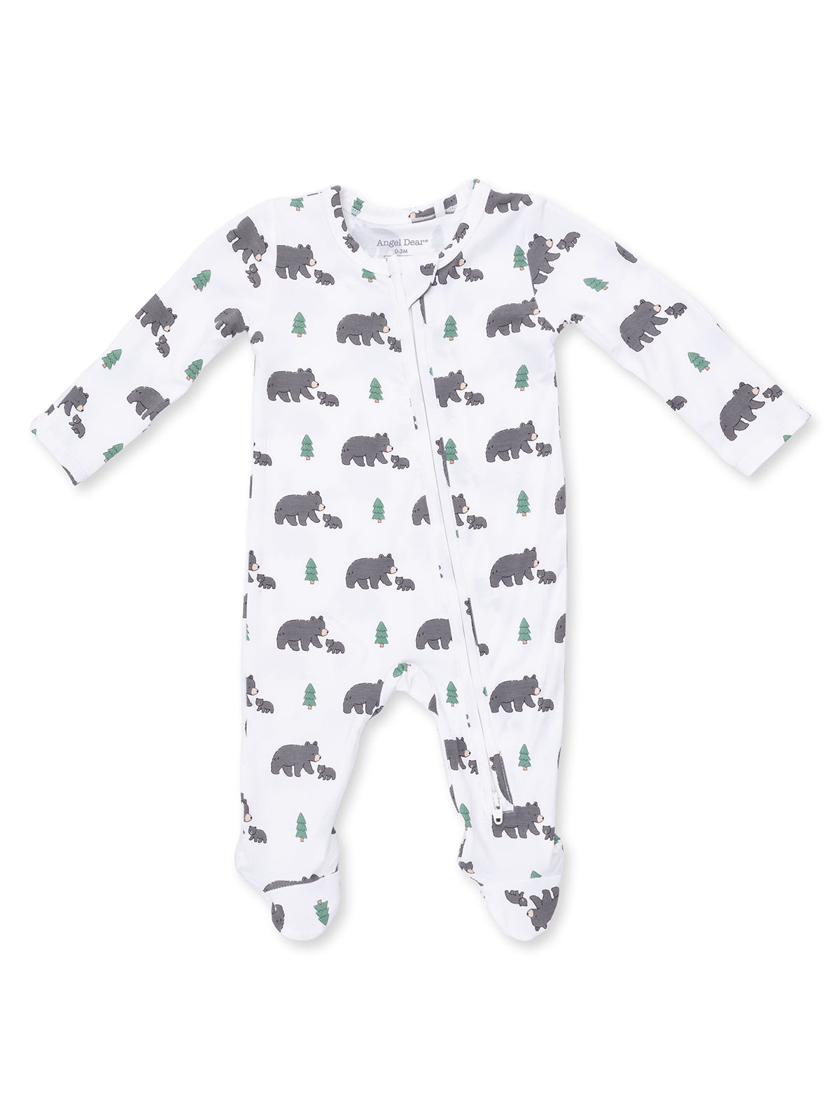 White baby onesie with gray bears and green trees print, featuring long sleeves and a front zipper.