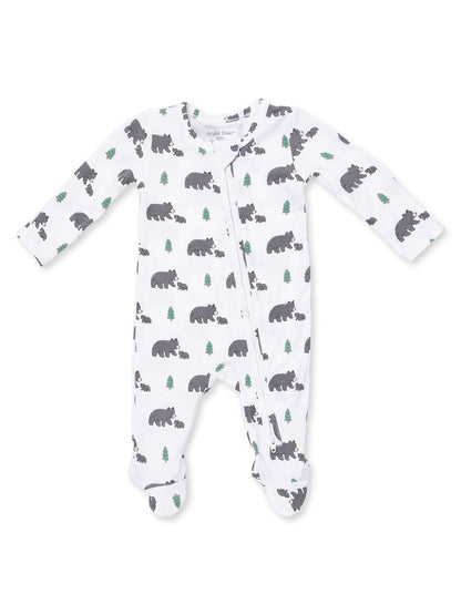 White baby onesie with gray bears and green trees print, featuring long sleeves and a front zipper.