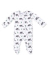 White baby onesie with gray bears and green trees print, featuring long sleeves and a front zipper.