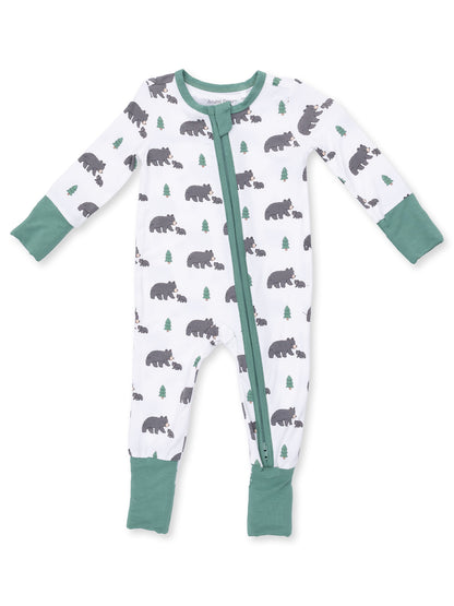 Infant one-piece pajamas with bear and tree print, featuring a green zipper and cuffs.