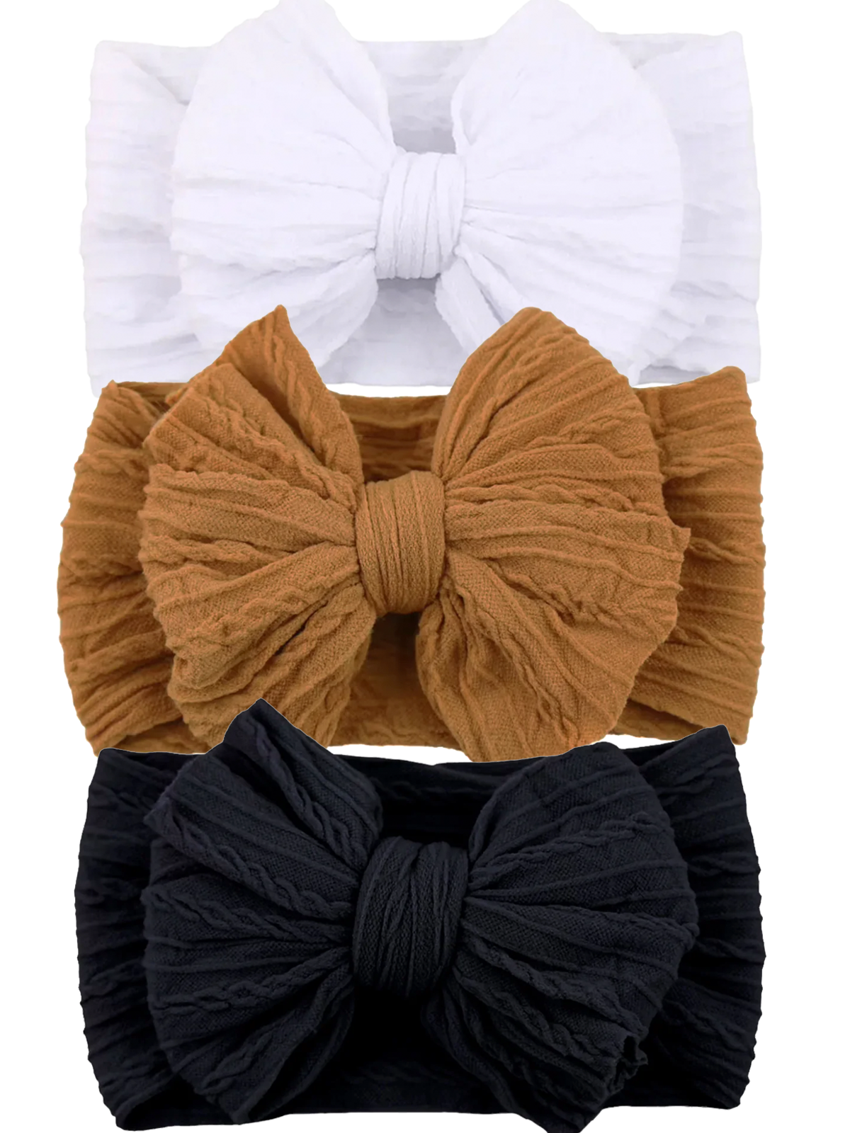 Three fabric headbands in white, brown, and black featuring large, textured bows.