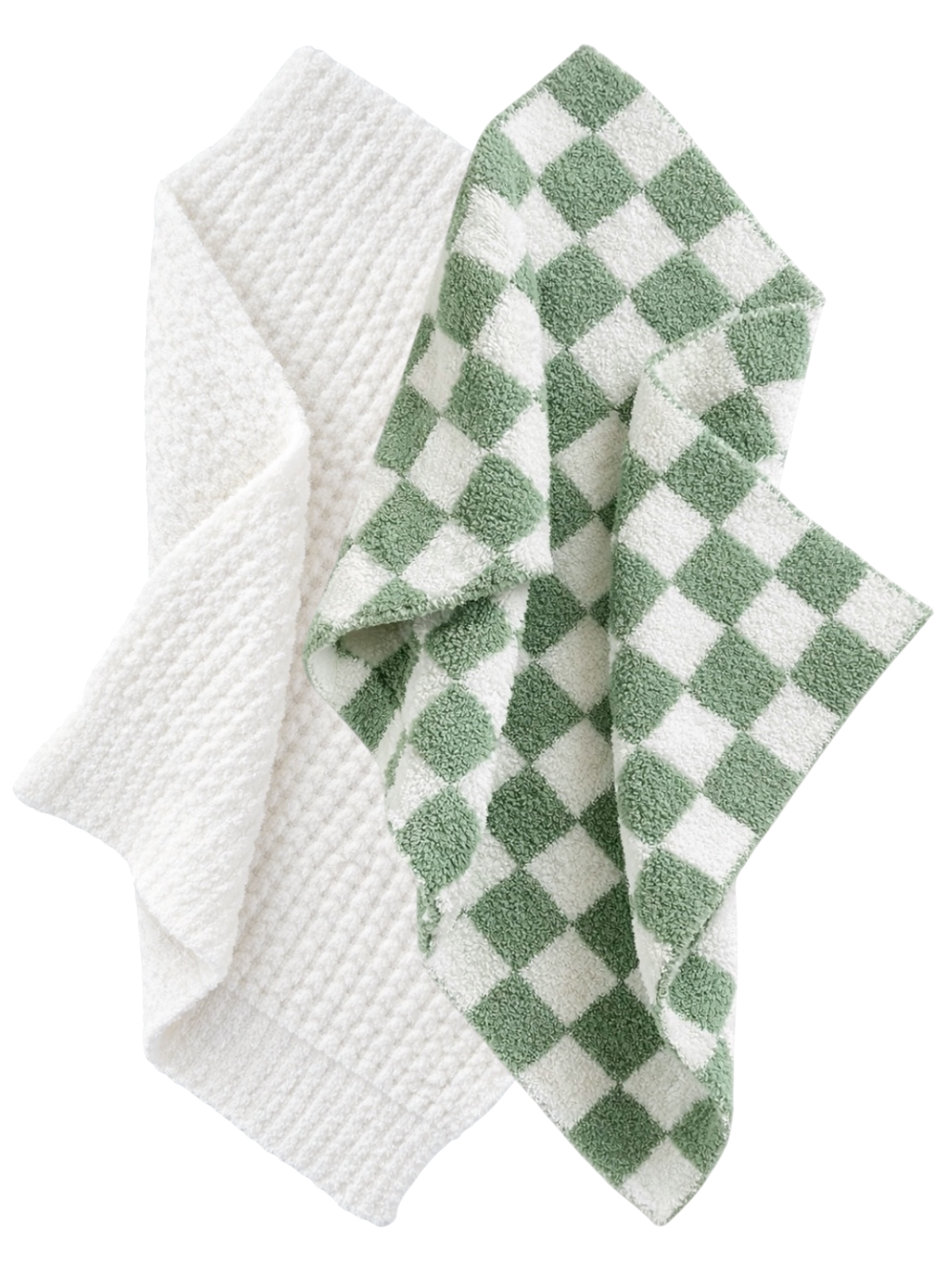 Two kitchen towels: one white with textured fabric and another green checkered pattern on a white background.