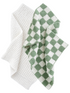 Two kitchen towels: one white with textured fabric and another green checkered pattern on a white background.