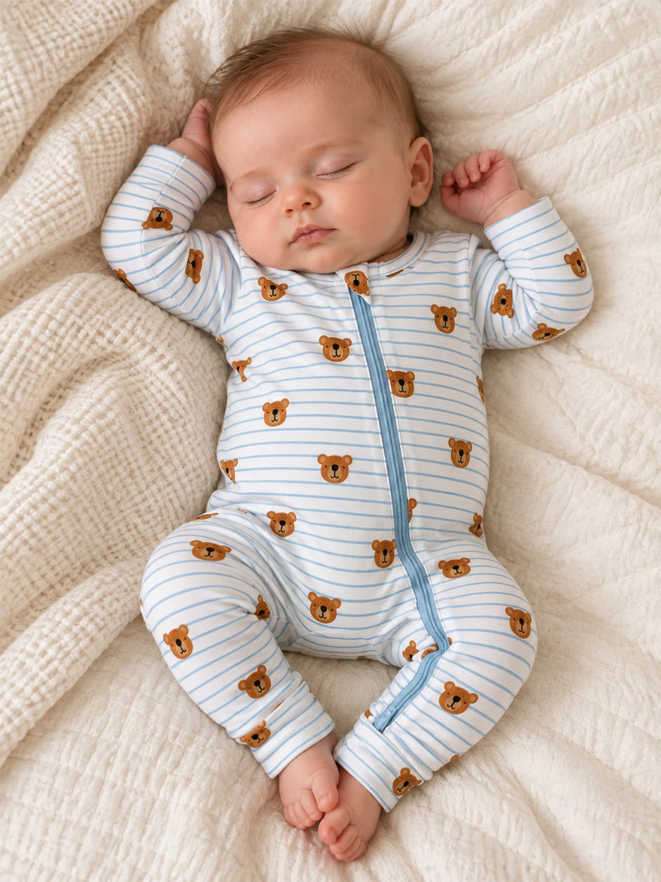 Blue Bear Stripe / Organic Cotton 2-Way Zip Romper