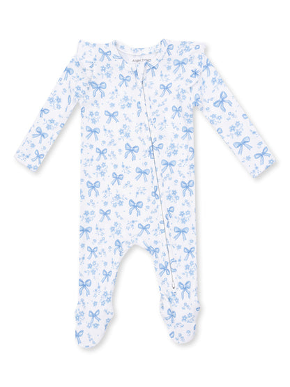 White onesie with blue bows and flowers, featuring long sleeves and footed design.