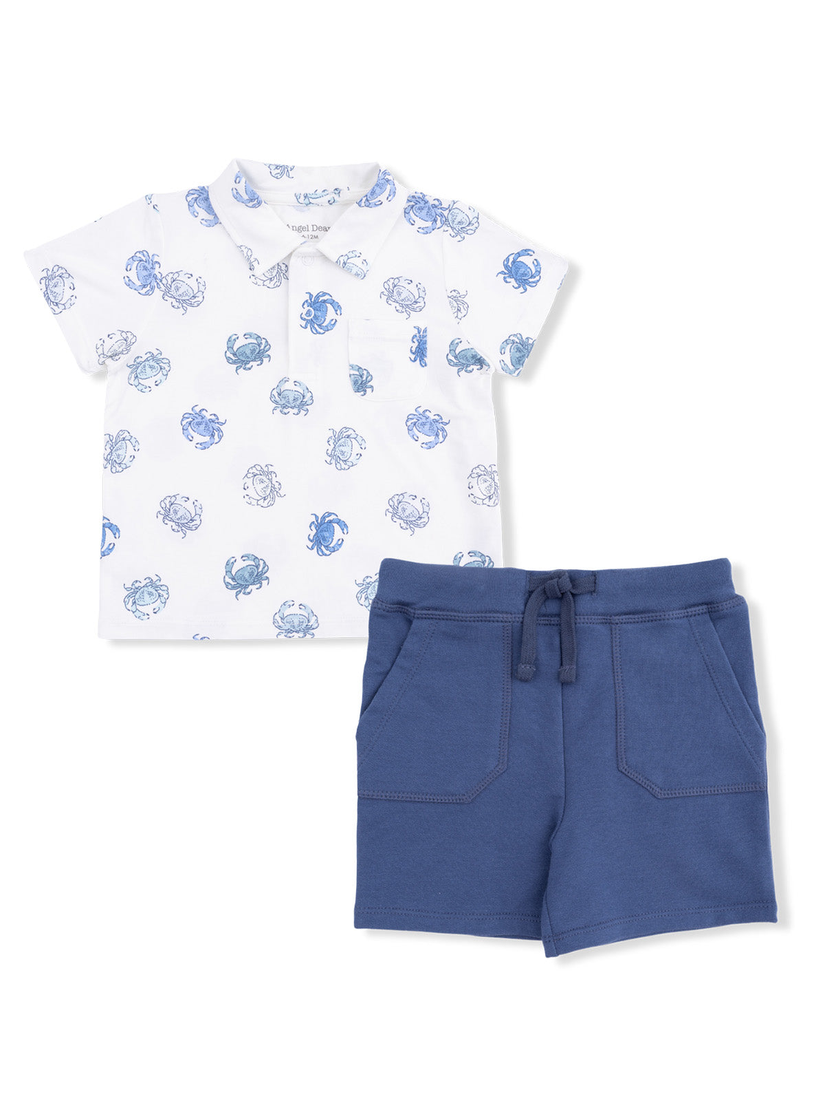Children's outfit featuring a white crab-print polo shirt and blue shorts. Ideal for casual summer wear.