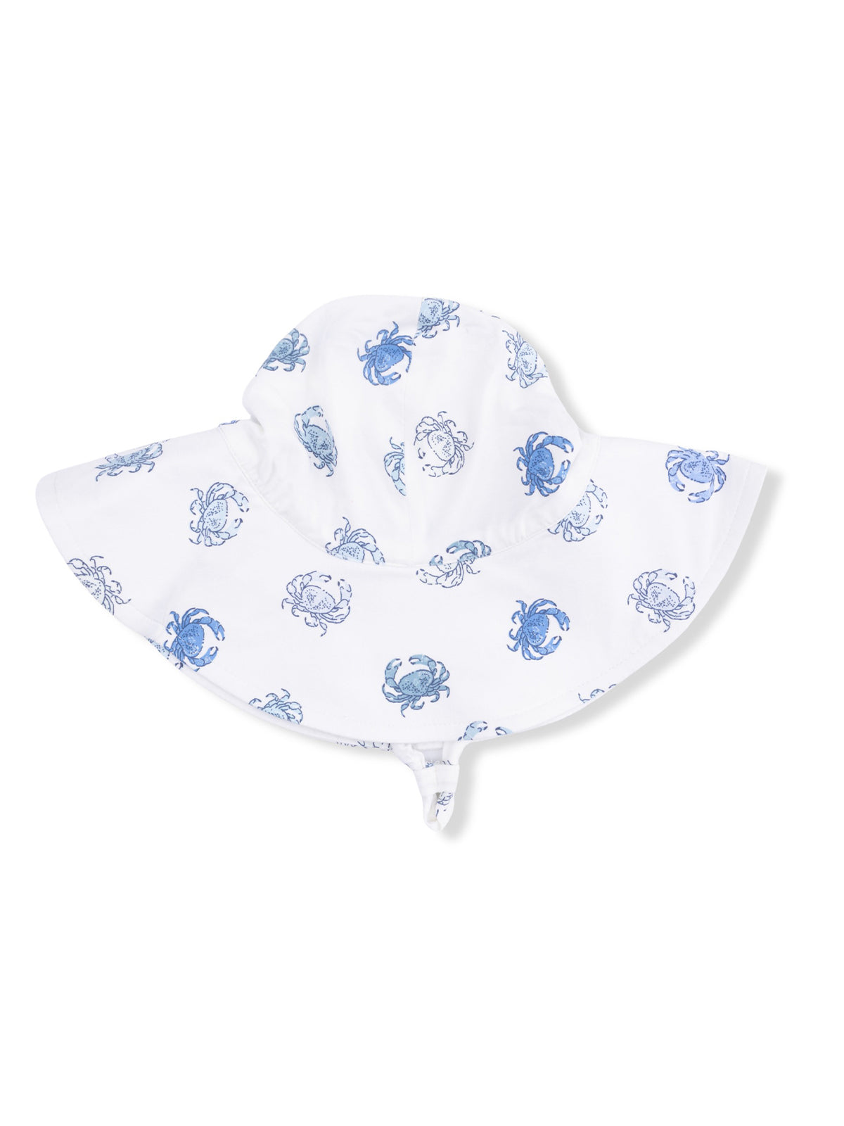 White sun hat with blue crab prints, featuring a wide brim and chin strap for secure wear.