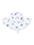 White sun hat with blue crab prints, featuring a wide brim and chin strap for secure wear.