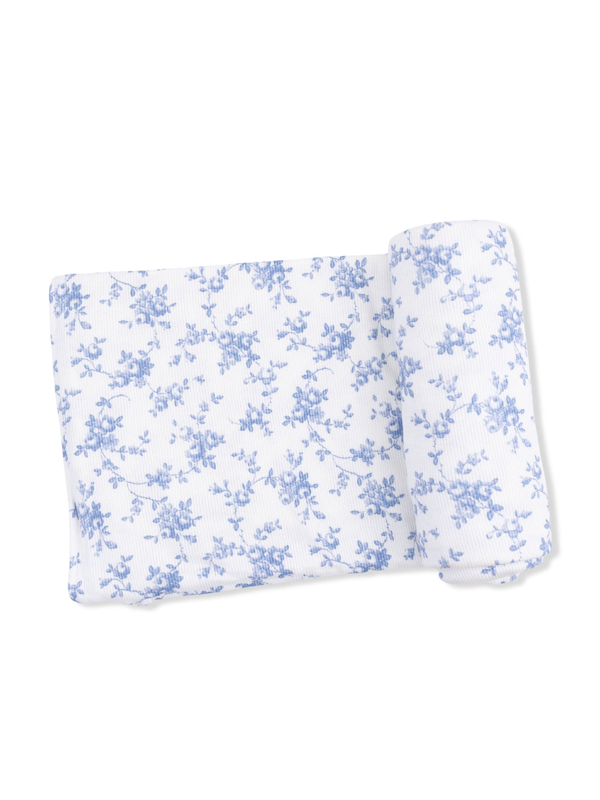 Floral-patterned fabric with light blue flowers on a white background, displayed flat and rolled.