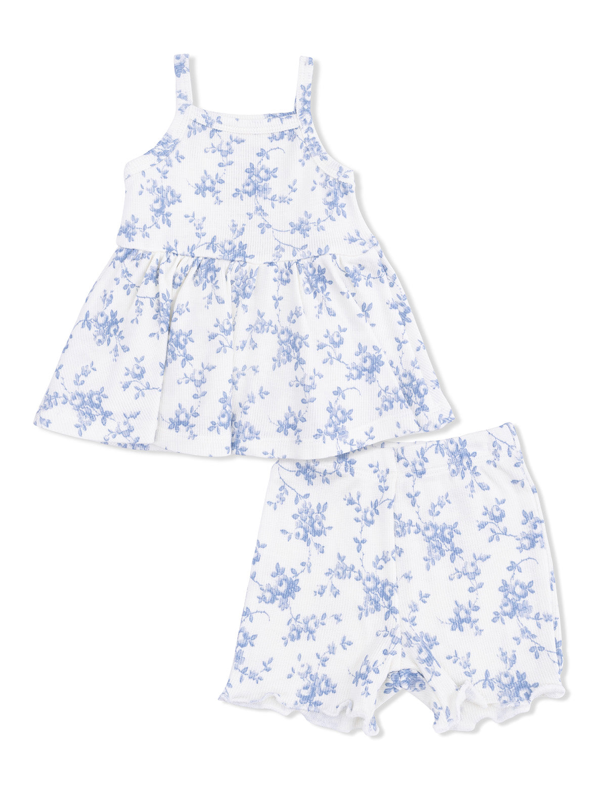 Floral-patterned two-piece outfit with a sleeveless top and matching shorts in white and blue.