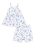 Floral-patterned two-piece outfit with a sleeveless top and matching shorts in white and blue.
