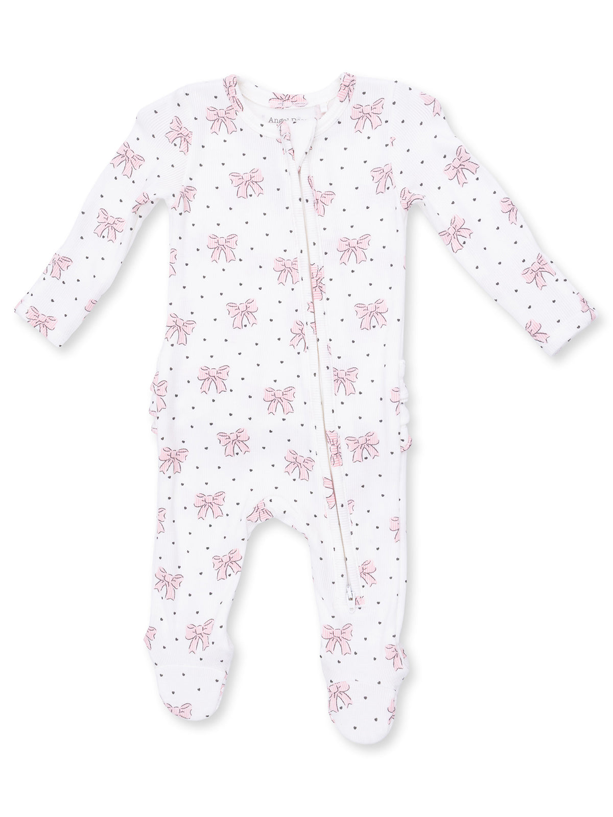 White infant onesie with pink bows and black polka dots, featuring a zip closure and footed design.