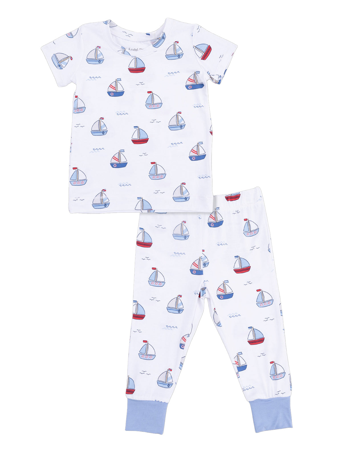 Child's cotton pajama set featuring a boat print with a short sleeve top and long pants. Ideal for cozy sleepwear.