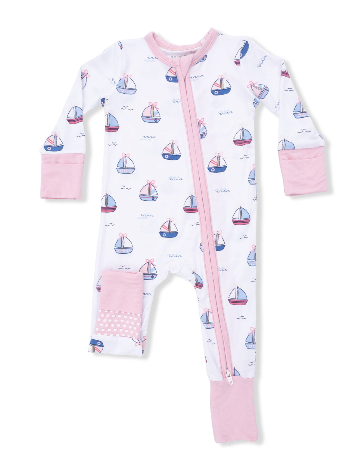 White pajama onesie with pink accents, featuring a sailboat pattern and zip front closure. Perfect for kids.