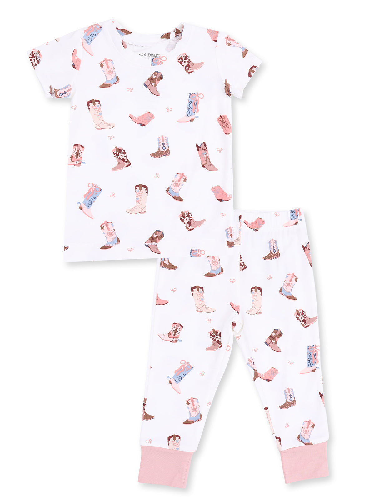 White pajama set featuring various colorful cowboy boots and playful designs, perfect for kids' sleepwear.