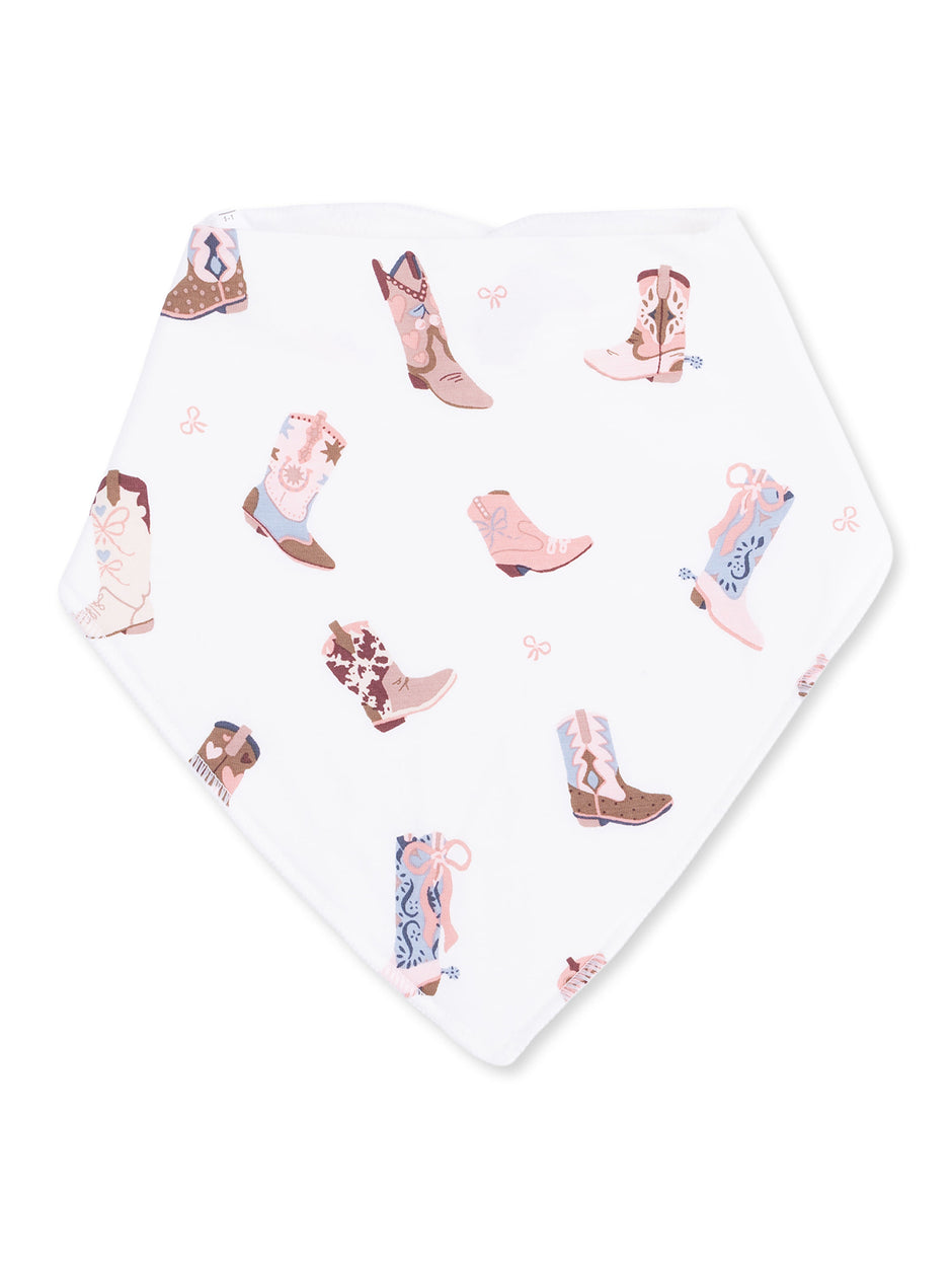 White bandana featuring a playful pattern of assorted cowboy boots in pastel colors.