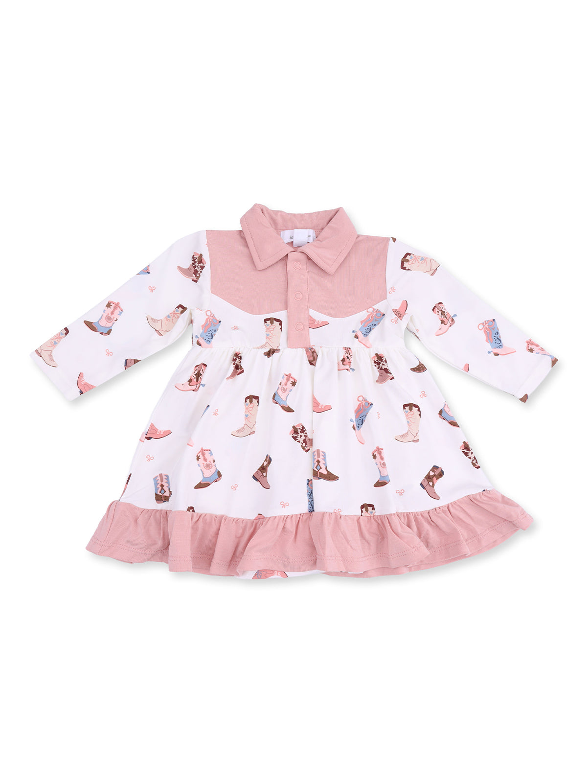 Pink and white dress with western boot patterns and ruffle hem, featuring a collared neckline and long sleeves.