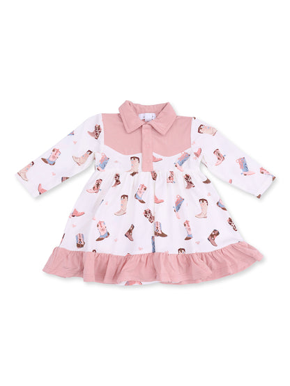Pink and white dress with western boot patterns and ruffle hem, featuring a collared neckline and long sleeves.