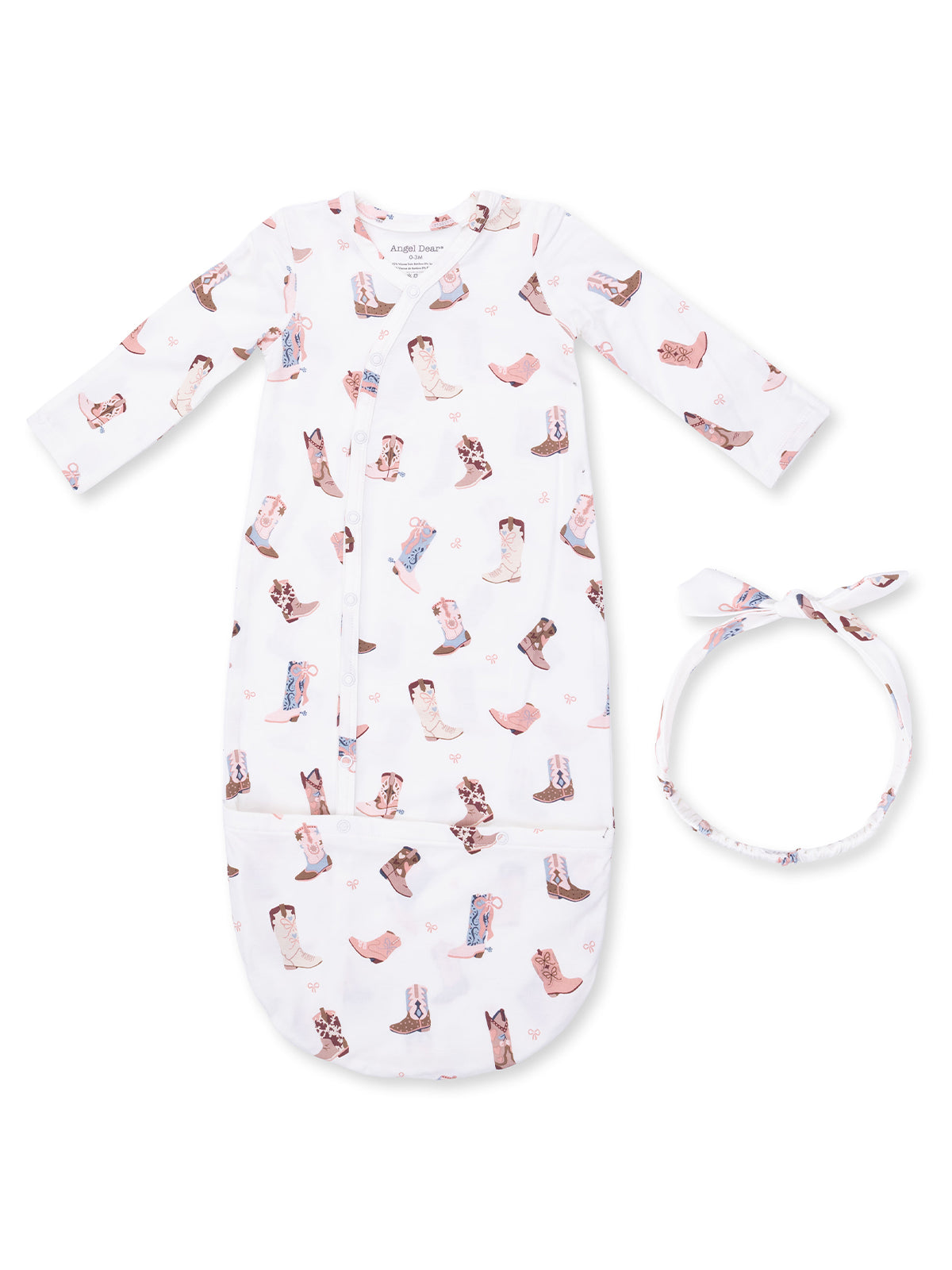White baby gown with cowboy boot print, accompanied by a matching headband. Ideal for infants and stylish outfits.