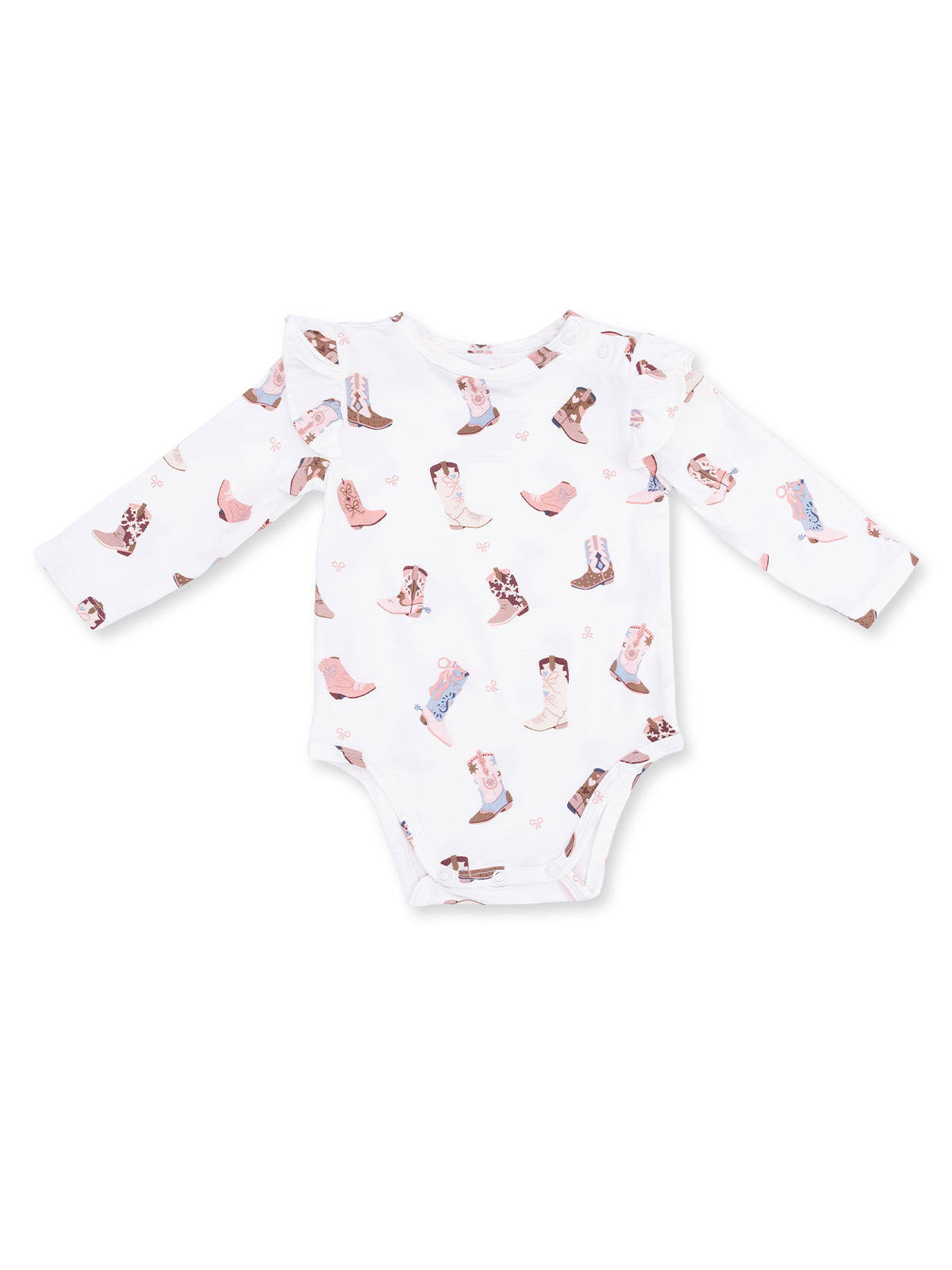 White long-sleeve baby bodysuit with colorful cowboy boot patterns.