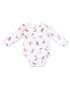 White long-sleeve baby bodysuit with colorful cowboy boot patterns.