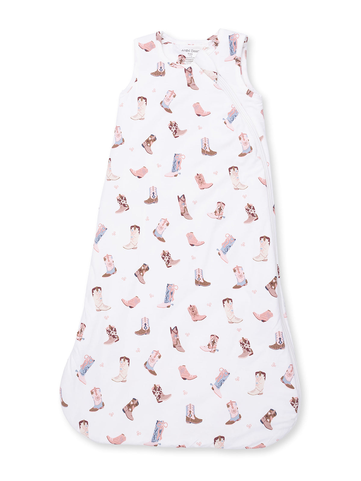 White baby sleeping sack with a playful cowboy boot pattern in soft pastel colors.