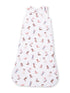 White baby sleeping sack with a playful cowboy boot pattern in soft pastel colors.