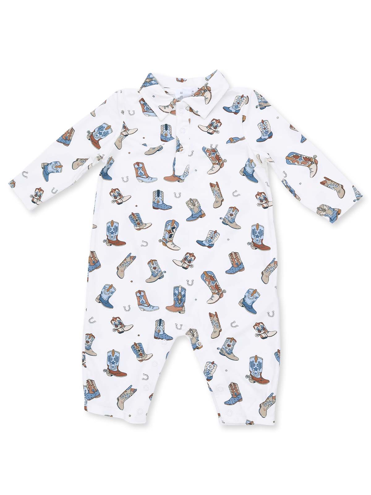White onesie with a colorful cowboy boot pattern and a collared neckline, ideal for infants.