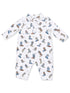 White onesie with a colorful cowboy boot pattern and a collared neckline, ideal for infants.