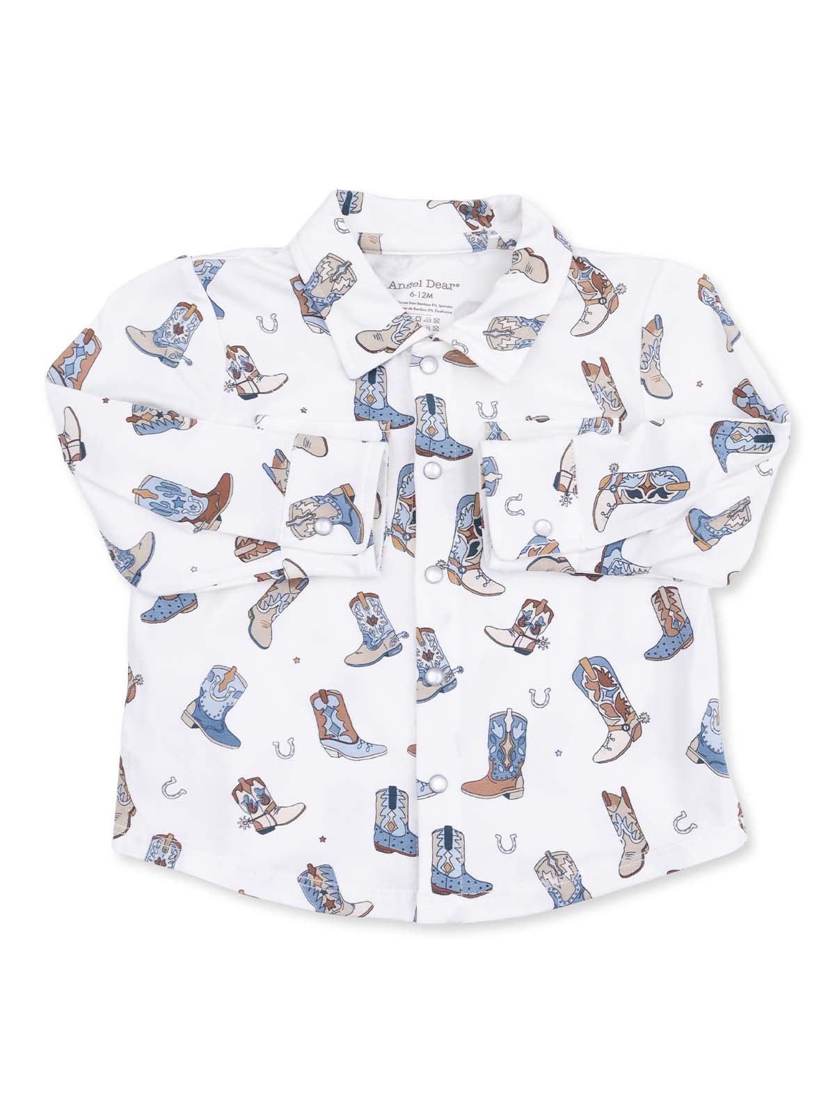 White toddler shirt with cowboy boot pattern, featuring buttons and a collar. Ideal for casual or themed outfits.