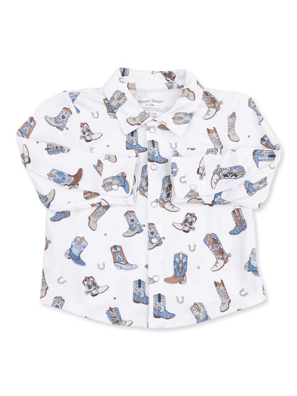 White toddler shirt with cowboy boot pattern, featuring buttons and a collar. Ideal for casual or themed outfits.