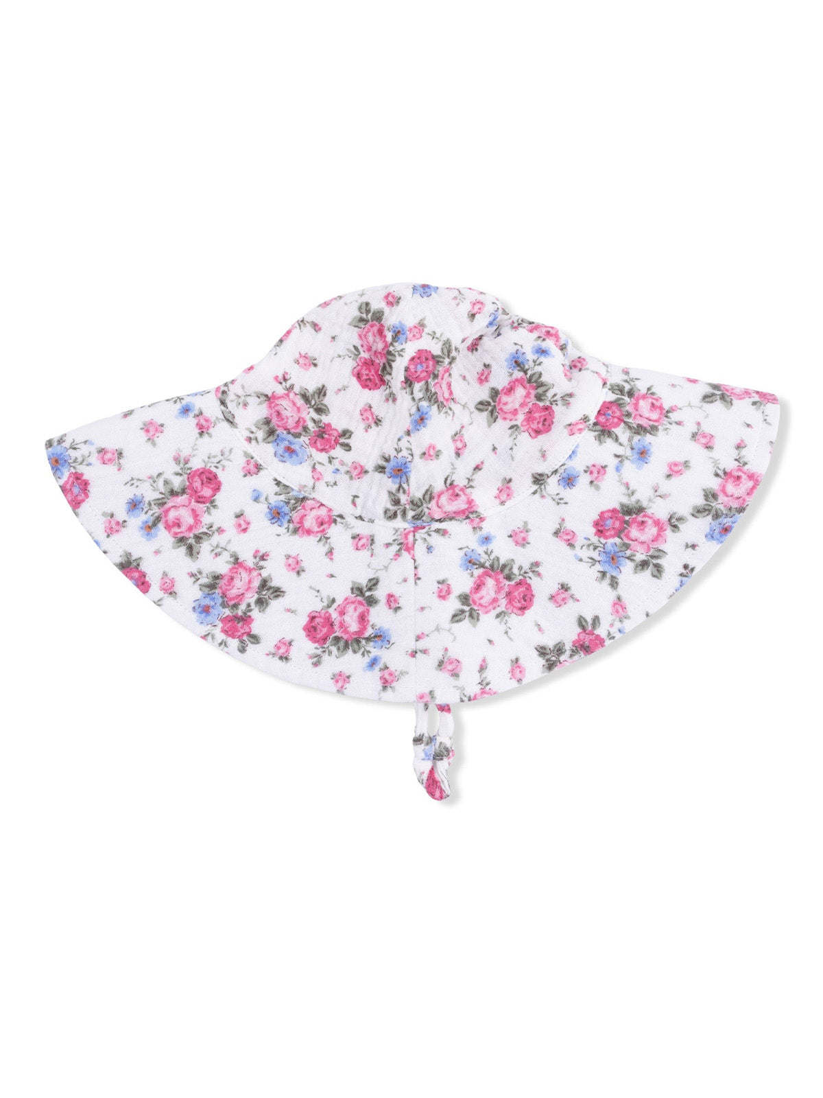 Floral sun hat with a wide brim, featuring pink and blue flowers on a white background. Ideal for sun protection.