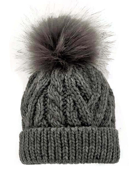 Gray knit beanie with a fluffy pom-pom on top and textured cable design on the body.