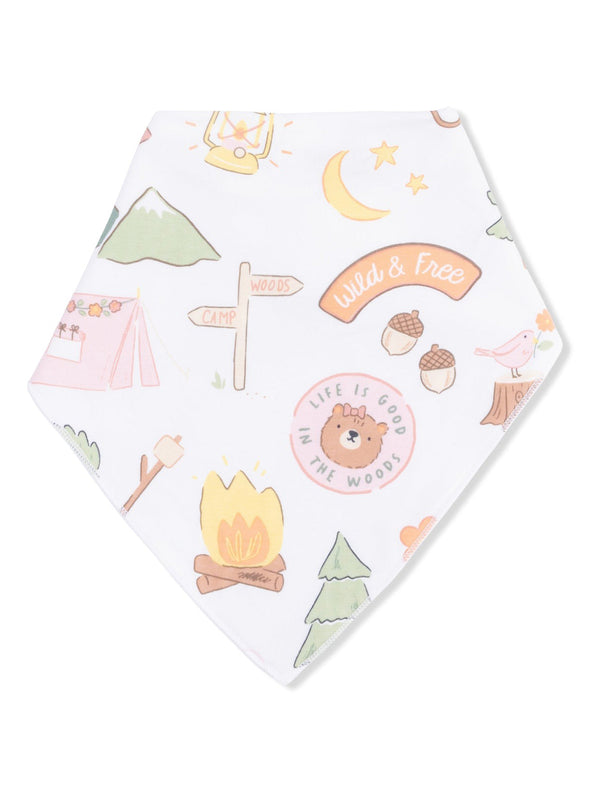 Patterned bandana features camping themes with bear, campfire, trees, and text "Wild & Free" in pastel colors.