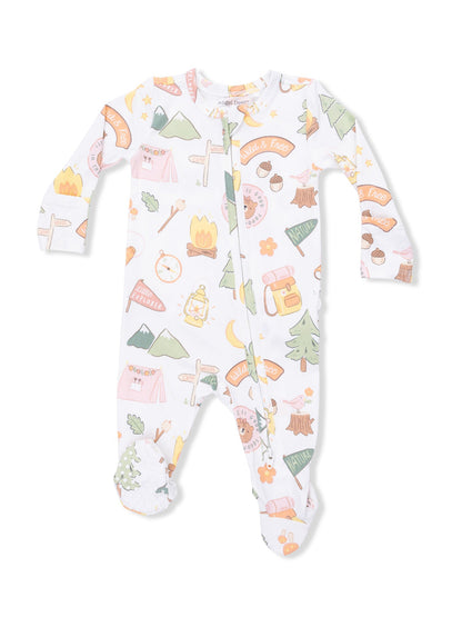 White baby onesie with camping-themed illustrations and a zipper closure. Suitable for outdoor adventures.