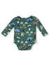 Green long-sleeve onesie featuring a camping theme with trees, tents, and colorful vegetables.