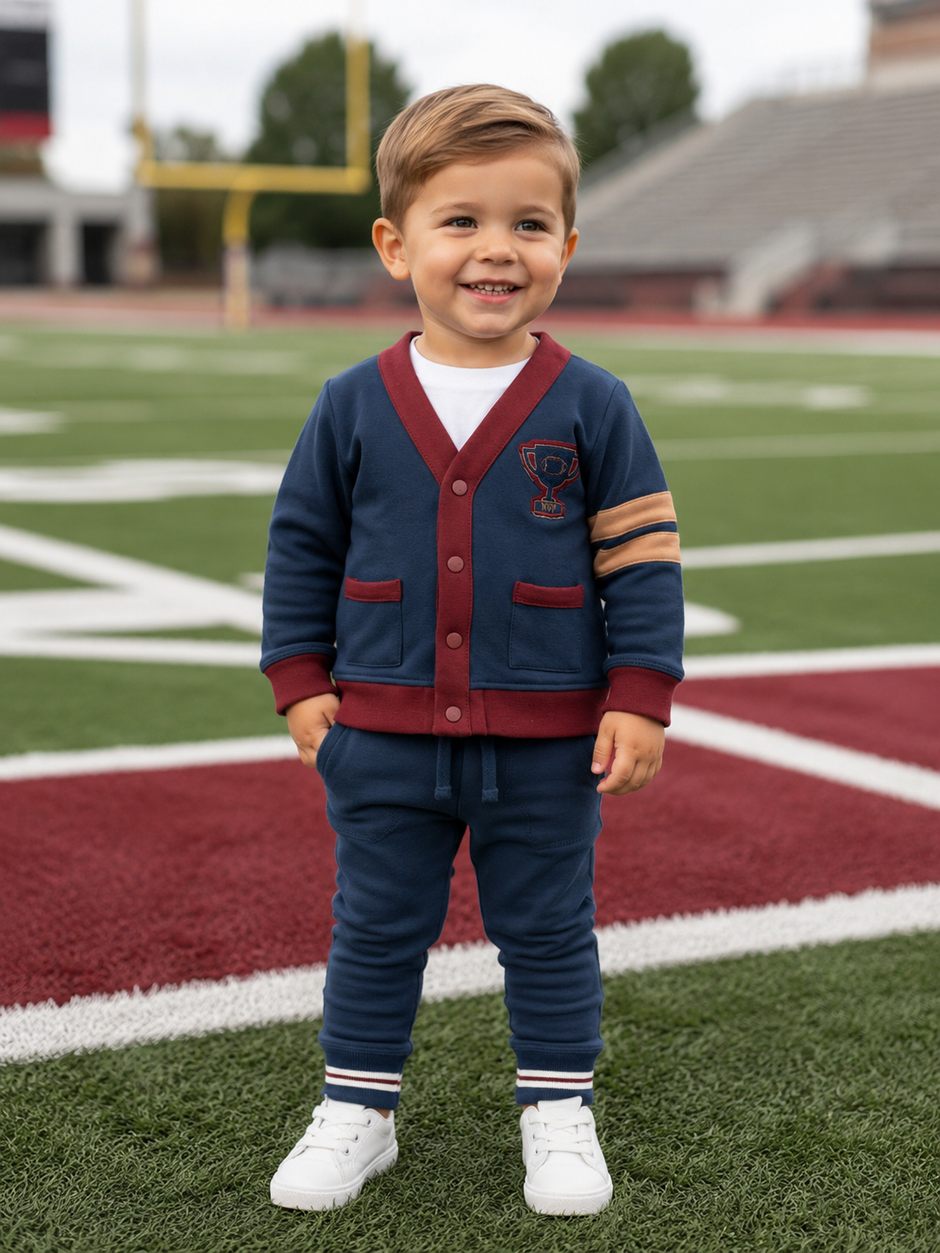 Smiling child in sporty outfit stands on a football field, showcasing a blue cardigan with trophy emblem and pants.
