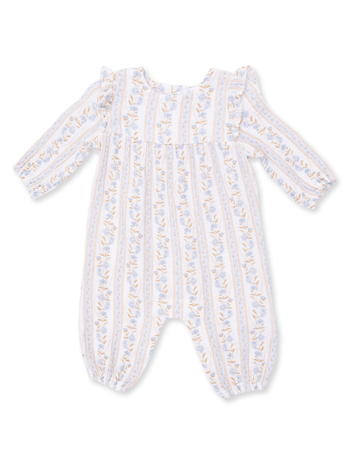 Floral patterned baby romper with long sleeves and ruffled shoulders in soft colors.