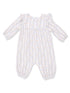 Floral patterned baby romper with long sleeves and ruffled shoulders in soft colors.