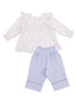 Floral-patterned top with ruffled sleeves paired with light blue gauze pants. Ideal for casual children's wear.